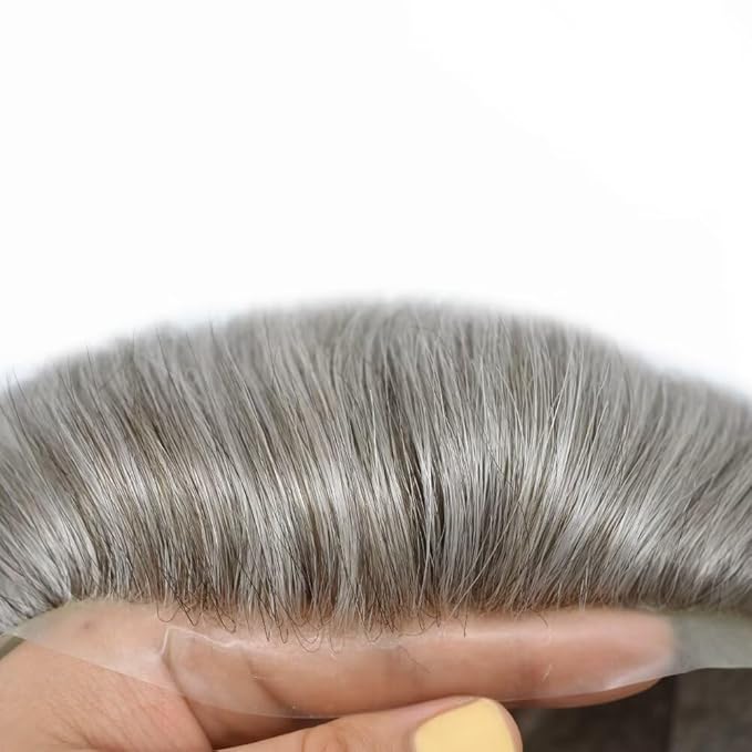Mens Toupee Human Hair Piece French Lace Toupee for Man Hair System Indian Human Hair Replacement Systems V-Looped PU Front Hairpieces 6"X8" #380 Dark Brown with 80% Gray