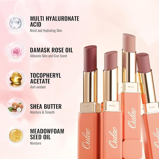 Oulac Beige Nude Satin Lipstick Set - Matte Lip Base, Full Coverage Lip Color, Satin Matte Finish, Cream Texture, Hydrating, Infused with Hyaluronic Acid, 4g*2 SG01+SG02