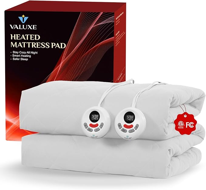 Heated Mattress Pad King Size Quilted Zone Heating Electric Bed Warmer Luxury Comfort Heat Mattress Pad Cover Dual Controller（10 Heat Setting | 1-12 Hours Auto Shut Off | with 8-21 Inch Deep Pocket）