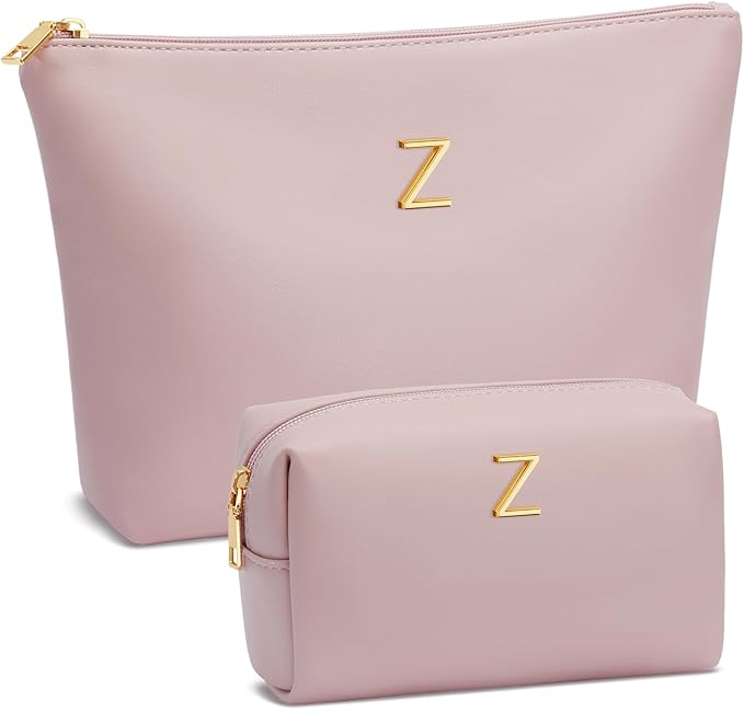 Women Gifts | Initial Makeup Bag Set for Girl Personalized Gifts for Bridesmaid Friend Graduation Teachers PU Leather Cosmetic Travel Toiletry Bag(Pink,Z)