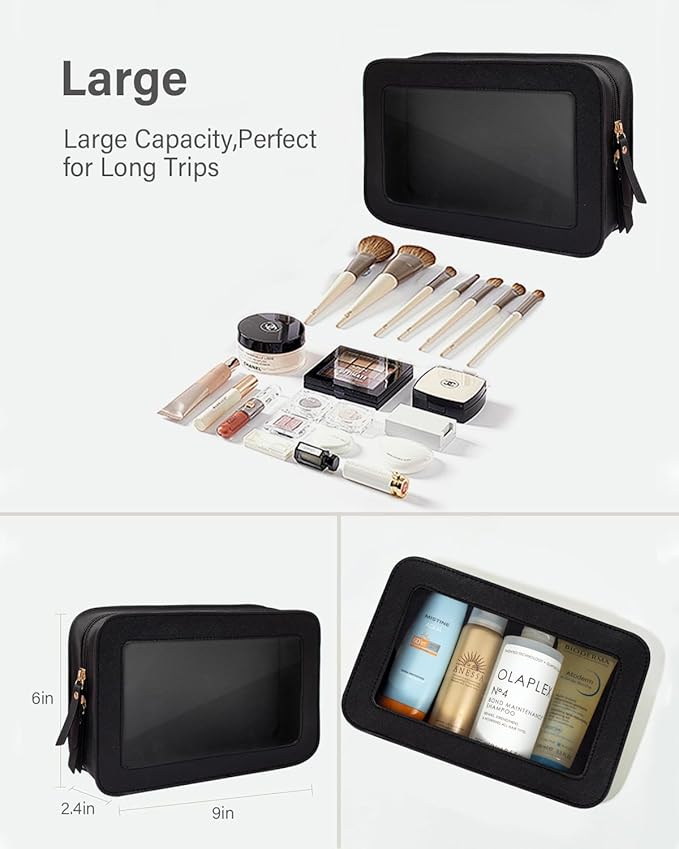 LETGO Clear Makeup Bag, Travel Cosmetic Case Toiletry Bag Make up Organizer Skincare Pouch for Women, Car Essentials Bag with Clear Windows (Black, Standard)