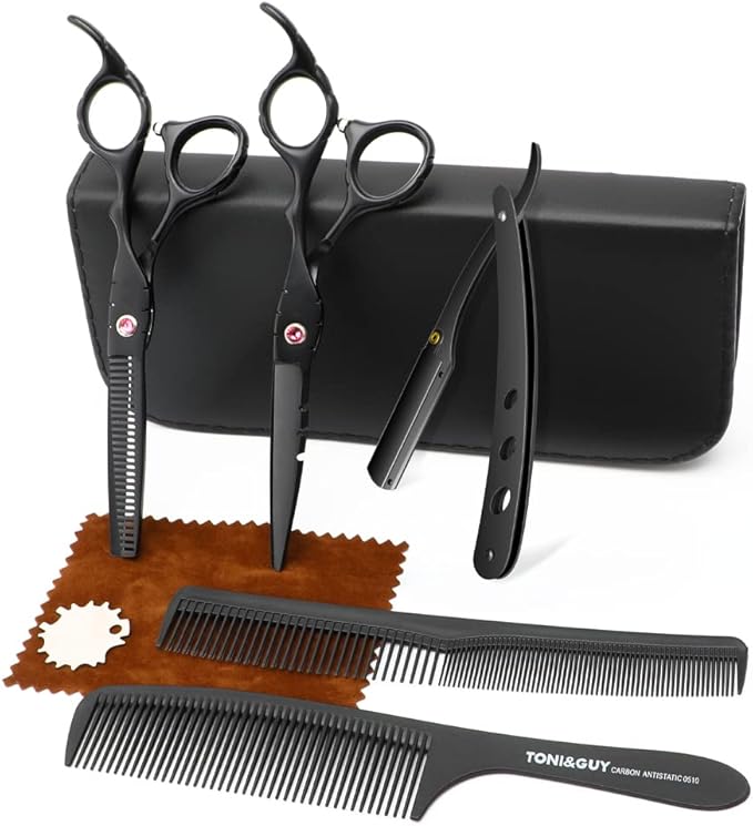 Professional Black Hair Cutting Scissors Sets Stainless Steel Barber Hairdressing Scissors Salon Multifunctional Thinning Scissors Straight Shears Tools for Mother Father Friends' Christmas Gift