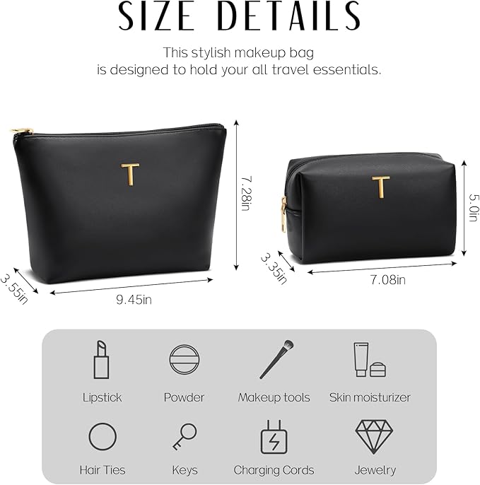 Women Gifts | Initial Makeup Bag Set for Girl Personalized Gifts for Bridesmaid Friend Graduation Teachers PU Leather Cosmetic Travel Toiletry Bag(Black,T)