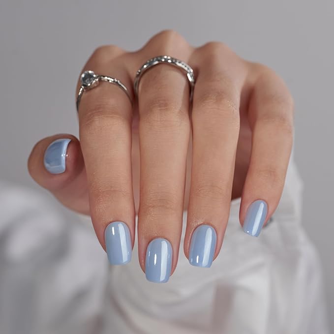 BTArtbox Press On Nails Short - Square Press On Nail, Blue Glossy Nail Tips Glue On Nails with Nail Glue, Reusable Stick On Nails in 15 Sizes - 30 Soft Gel Fake Nails Kit, Ocean Glazed