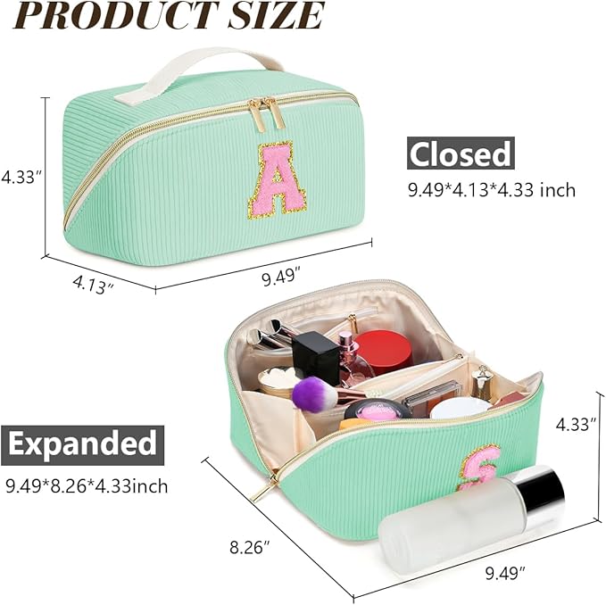 Personalized Initial Makeup Bag,Christmas Gifts for Girl,Preppy Bag Cosmetic Travel Bag Women,Travel Toiletry Organizer,Large Capacity Corduroy Stuff Bag,Cute Cosmetic Pouch Skincare Bag-Q
