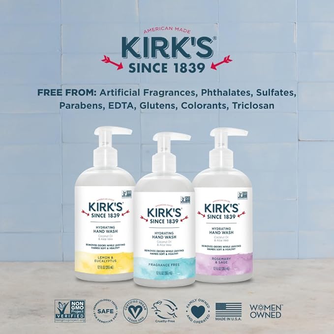 Kirk's Hydrating Hand Wash - Made with Coconut Oil and Aloe Vera, With Odor Neutralizing Technology To Help Eliminate Odors, Non-GMO, Vegan, Variety Pack, 12 Fl Oz. 4 pack