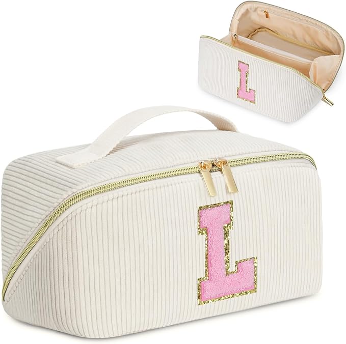 Personalized Initial Makeup Bag,Christmas Gifts for Girl,Preppy Bag Cosmetic Travel Bag Women,Travel Toiletry Organizer,Large Capacity Corduroy Stuff Bag,Cute Cosmetic Pouch Skincare Bag-L