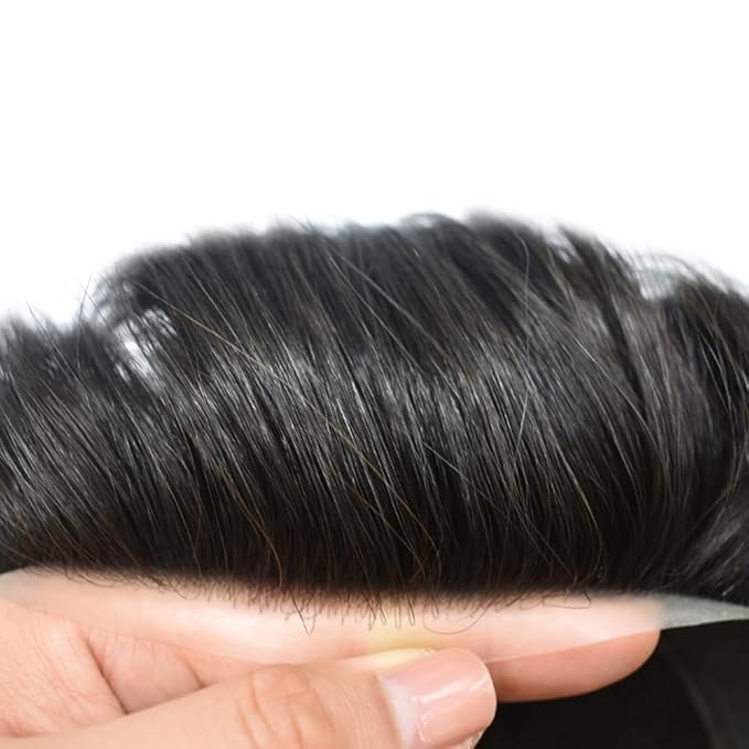FACE MIRACLE Mens Toupee Lace Front Hairpieces Soft Human Hair Replacement System Natural Hairline Toupee for Men French Lace Poly V-Looped Mens hair Units 5"X7" 1#JET BLACK