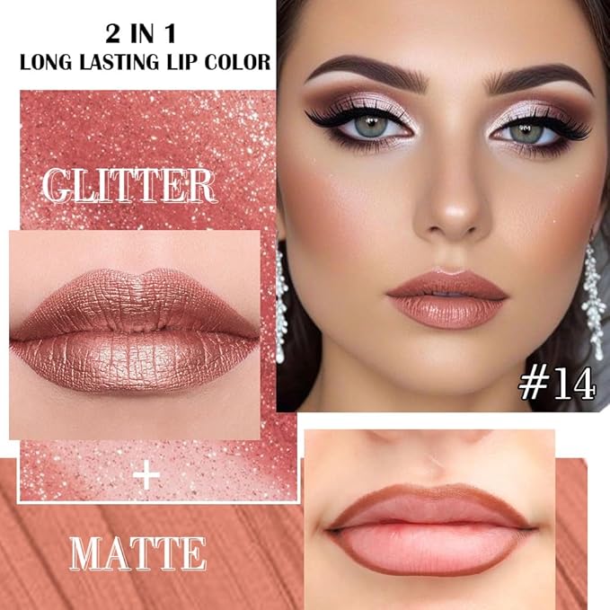 Kaely 2-in-1 Bronze Gold Metallic Lipstick and Lip Liner, Shimmer Liquid Metallic Lipsticks for Women, Glitter Lip Gloss Stain Long Lasting Waterproof Smudge Proof 24 Hour, Vegan Makeup, 14