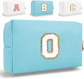 Small Personalized Letter Makeup Bag, Cute PU Leather Chenille Letters Cosmetic Bag Travel Makeup Pouch, Preppy Travel Organizer Zipper Pouch for Women&Girls（Blue-O）