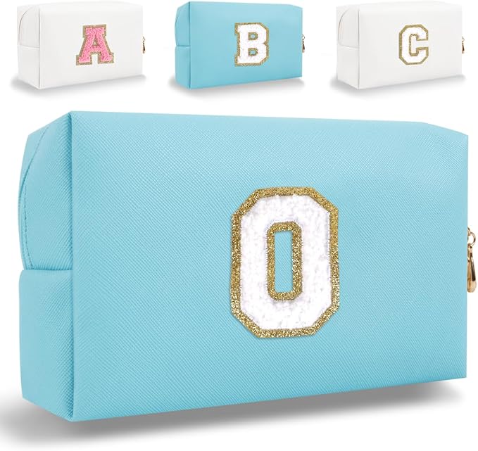 Small Personalized Letter Makeup Bag, Cute PU Leather Chenille Letters Cosmetic Bag Travel Makeup Pouch, Preppy Travel Organizer Zipper Pouch for Women&Girls（Blue-O）