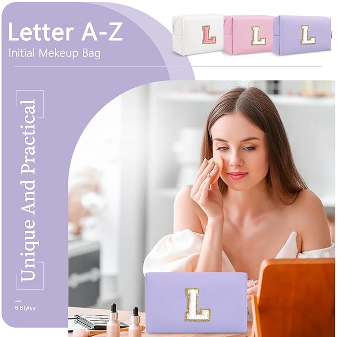 Personalized Makeup Bag Initial A-Z Preppy Patch Bag,Small PU Leather Travel Cosmetic Bag Pouch with Zipper,Purple Cute Toiletry Bag,Gift Ideal for Teen Girls Women Birthday Friend Mom,Latter L