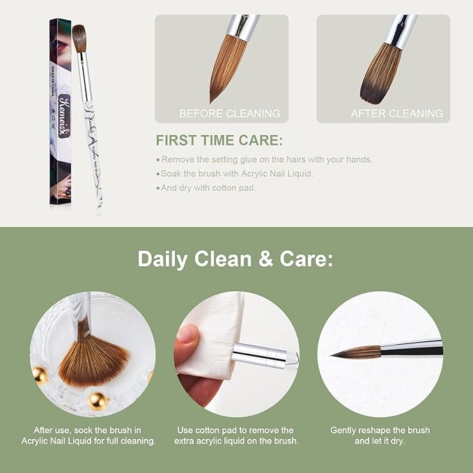 Acrylic Nail Brush Size 16,KEMEISI 100% Pure Kolinsky Nail Art Brushes Sturdy Marble Handle Oval Shaped Acrylic Powder Nail Design Tools for Professional Manicure DIY Home Salon (White)