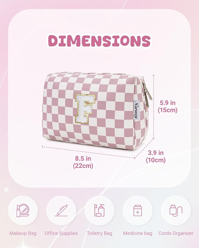 Narwey Birthday Gifts for Teen Girls Kids Women Personalized Initial Checkered Makeup Bag Pink Monogram Cosmetic Bag Trendy Stuff 6 8 10 11 12 13 14 16 18 Years Old Travel Toiletry Bag (Dusty Rose F)