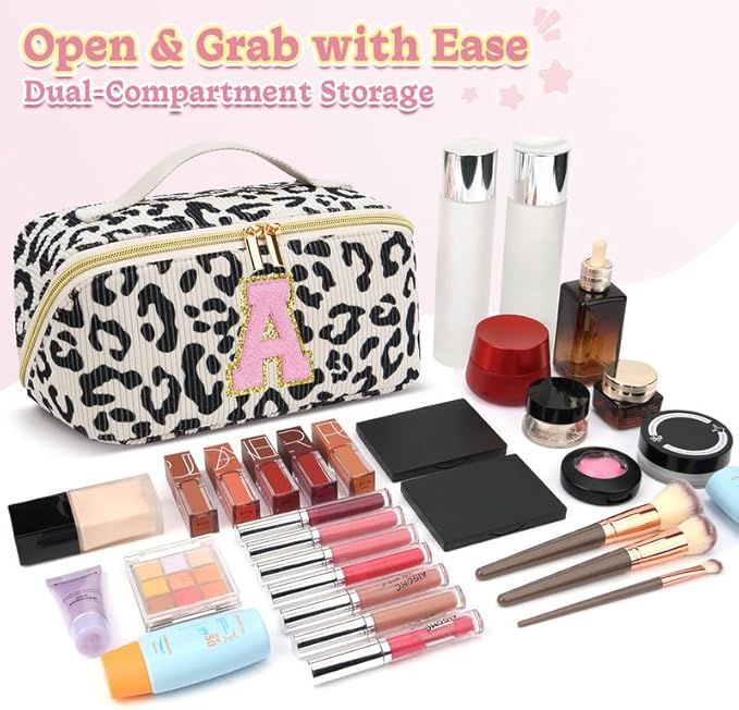 Personalized Travel Makeup Bag Set,Initial Travel Cute Leopard Makeup Organizer Bag,Toiletry Skincare Cosmetic Bag,Christmas Gifts for Women/Girls,Open Flat Toiletry Pouch with Brush Pocket-W