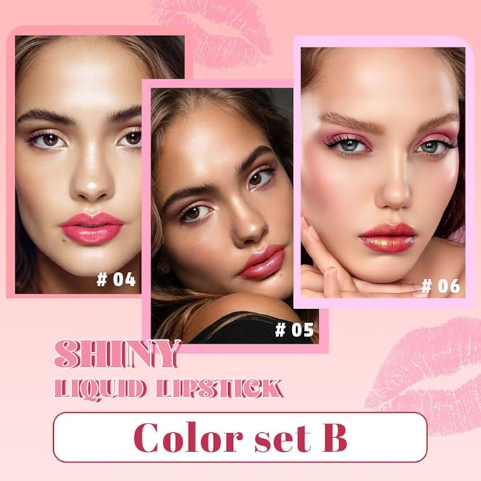AMY'S DIARY 3Pcs Glitter Liquid Lipstick Set – Coral Pink, Metallic Red, Cherry Rose – Shimmer Metallic Lip Gloss, Long-Lasting Waterproof Lip Color, High Shine Sparkle Makeup for Women (Set B)