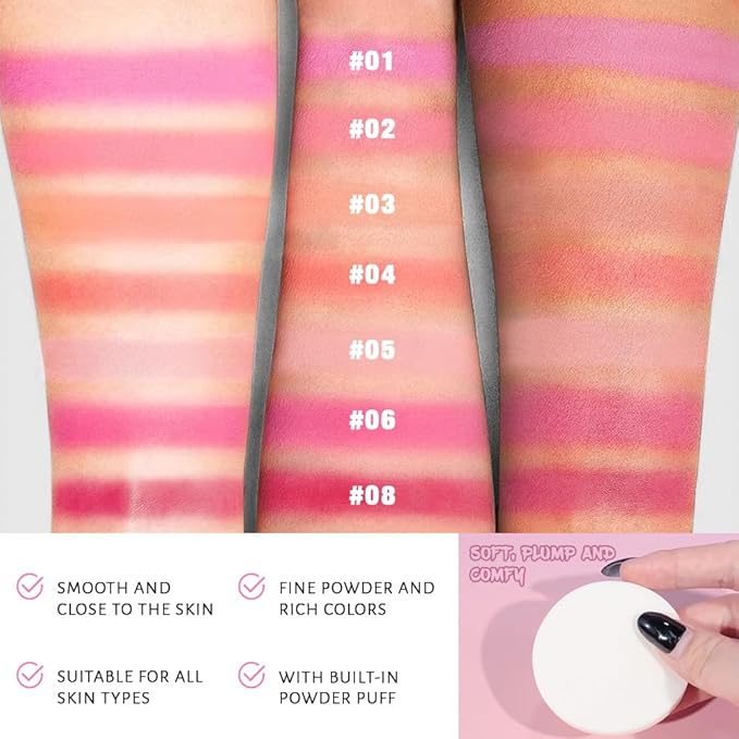 Natural Single Matte for Face Cheeks Blush with Makeup Powder Puff, Watermelon Pink Monochrome Blush Cream Powder Makeup Palette Blushes Long-lasting Blendable Foundation for Women Every Day 06