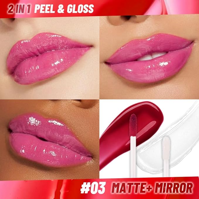 Hot Pink Peel off Lip Stain Lip Oil Dual Ended Combo Set with Tweezer, 2 in 1 Lips Liner Stain Oil Long Lasting Waterproof, High Pigmented Flawless Lips Tint Stick Not Faded Vegan & Cruelty-free