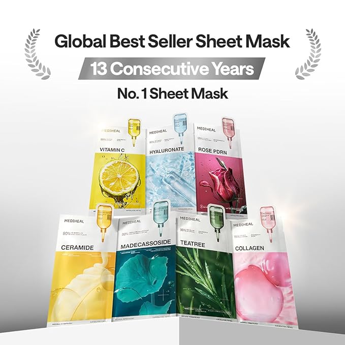 Mediheal Essential Mask (10pcs, Hyaluronate) 98% Pure Hyaluronic Acid for Long-lasting Hydration, Deep Skin Absorption & Moisture Barrier Vegan formula