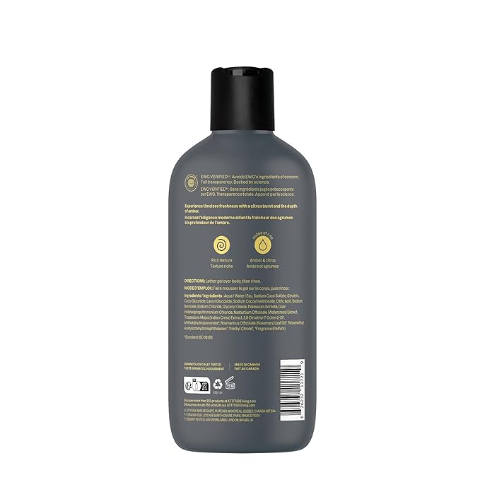 ATTITUDE Shower Gel Body Wash for Men, 98% Natural Origin Ingredients, Paraben & Phthalate Free, EWG Verified, Cleanses Without Drying, Amber & Citrus, 14 Fl Oz (Pack of 3)