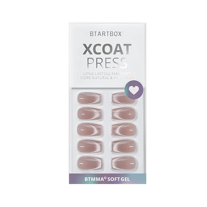 BTArtbox Press On Nails Short - Cat Eye French Tip Press On Nails Coffin, Light Weight & Fit Perfectly Nail Tips, Natural Fake Nail with Glue, Glue On Nails in 16 Sizes - 30 Nail Kit, Milky Way