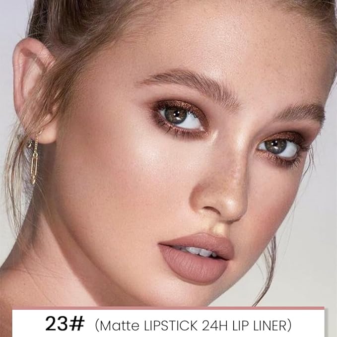 2-in-1 Light Nude Beige Lip Liner & Lipstick Set Kit for Women, Matte Lips Kit with Lip Liner Lip Stains Long Lasting Waterproof 24 Hour Lipstick and Lip Liners Combo Lipliners Pencil Set 23