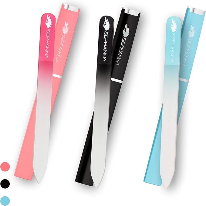 3 Pack Crystal Glass Finger Nail File with Case for Natural Nail Professional Glass Nail File for Unisex, Portable Crystal Nail File with Case Czech Glass File Double-Sided for Natural & Acrylic Nails