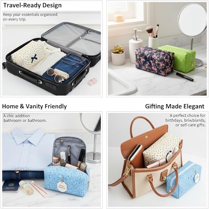 Floral Cotton Makeup Brush Cosmetic Bag for Women, Travel Quilted Zipper Pouch, Large Capacity Flowers Toiletry Organizer, Kawaii Makeup Storage Case, Cosmetic Travel Cloth Bag-Colorful