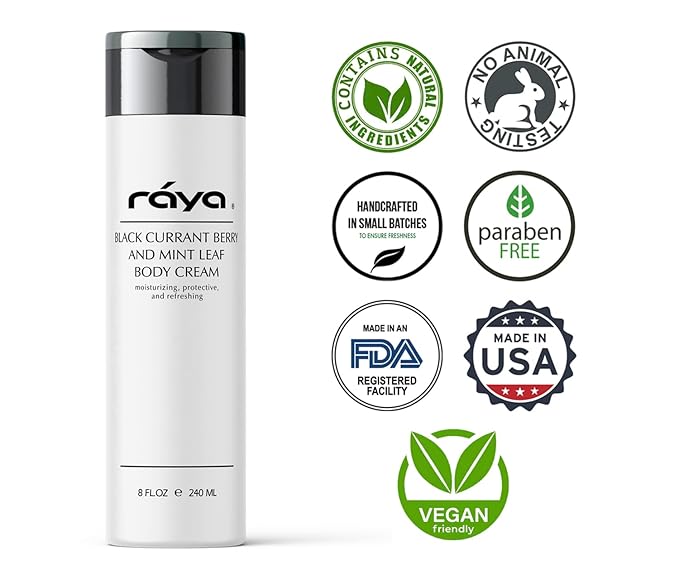 Raya Black Currant Berry and Mint Leaf Body Cream 8 oz (S-522) | Natural & Moisturizing Body Cream | Hydrates, Calms, and Prevents Dehydration and Irritation