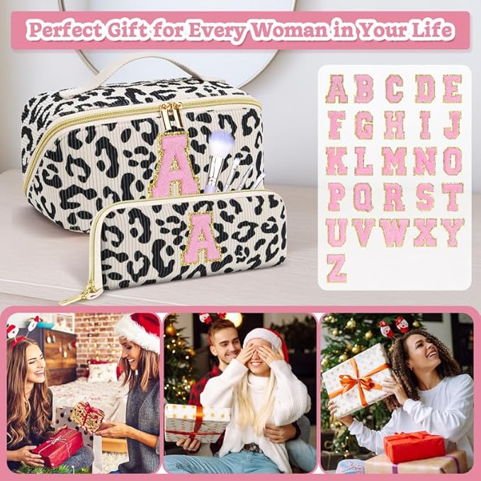 Personalized Travel Makeup Bag Set,Initial Travel Cute Leopard Makeup Organizer Bag,Toiletry Skincare Cosmetic Bag,Christmas Gifts for Women/Girls,Open Flat Toiletry Pouch with Brush Pocket-P
