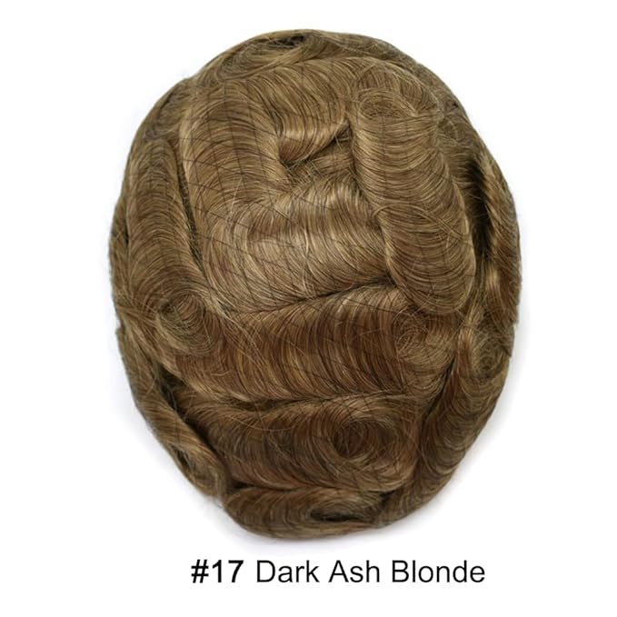 Mens Toupee Human Hair Piece French Lace Toupee for Man Hair System Indian Human Hair Replacement Systems V-Looped PU Front Hairpieces 7"X9" 17#DARK ASH BLONDE