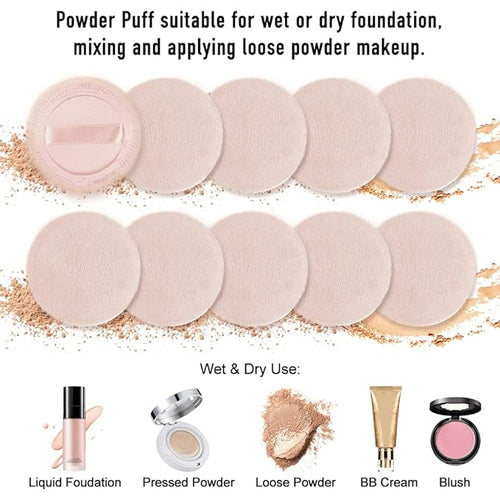 10pcs Powder Puff Cotton Cosmetic Face Makeup Powder Puffs Pads with Ribbon for Loose and Foundation 2.36 inch. (Beige)