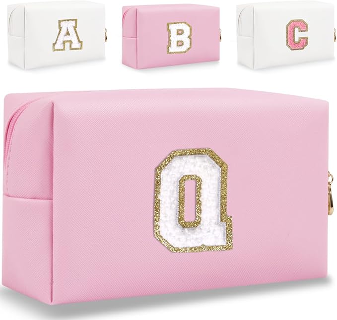 Small Personalized Letter Makeup Bag, Cute PU Leather Chenille Letters Cosmetic Bag Travel Makeup Pouch, Preppy Travel Organizer Zipper Pouch for Women&Girls（Pink-Q）