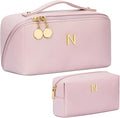 Birthday Gifts for Women Teen Girl, Personalized Initial Makeup Organizer Bag Set, Open Flat Travel Cosmetic Bag With Clear Divider and Handle(Pink,N)