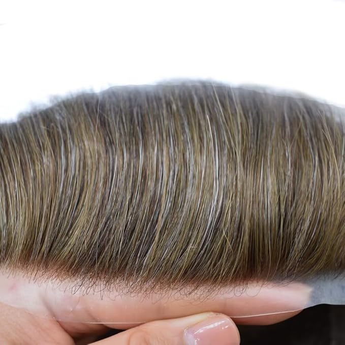 Mens Toupee Human Hair Piece French Lace Toupee for Man Hair System Indian Human Hair Replacement Systems V-Looped PU Front Hairpieces 7"X9" #630 Light Brown with 30% Gray