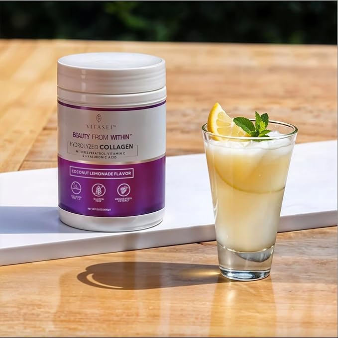 VITASEI Hydrolyzed Collagen Peptides Powder with Resveratrol & Vitamin C – Hair, Skin & Joint Support – Colágeno Hidrolizado for Women & Men – Refreshing Coconut Lemonade Flavor, 16 oz (30 Servings)
