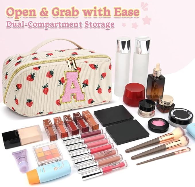Personalized Travel Makeup Bag Set,Initial Travel Strawberry Makeup Organizer Bag,Toiletry Skincare Cosmetic Bag,Christmas Gifts for Women/Girls,Open Flat Toiletry Pouch with Brush Pocket-S