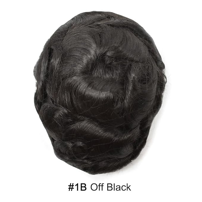 Toupee for Men French Lace Center Human Hair Replacement Systems Transparent Lace Center Hair Piece Mens Toupee Hair Units for Man V-Looped Front Male Hair Prosthesis 7"X10" 1B# OFF BLACK