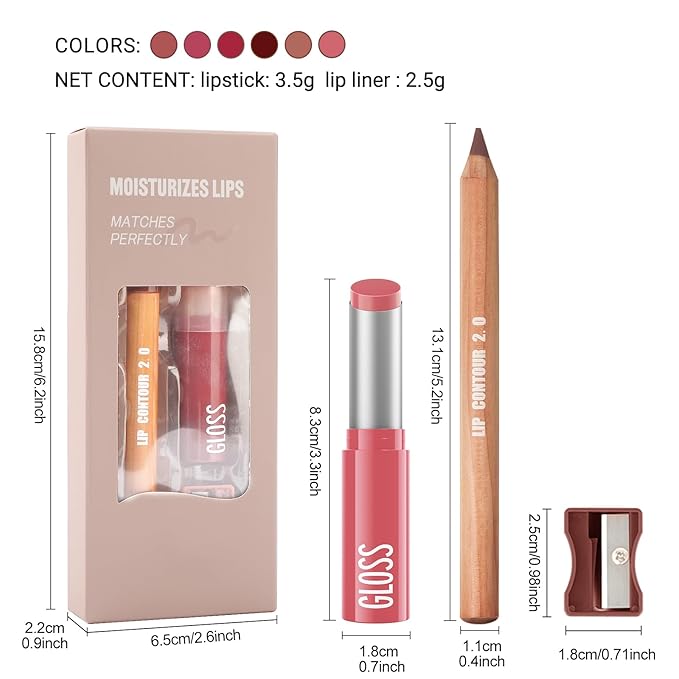 Erinde 2pcs Lip Liner and Lipstick Combo Set, Matte Lipliner Pencil & Hydrating Lip Gloss Makeup Kits for Women, Waterproof, Long Lasting, Highly Pigmented, Nude Brown Natural Lipstick, 02