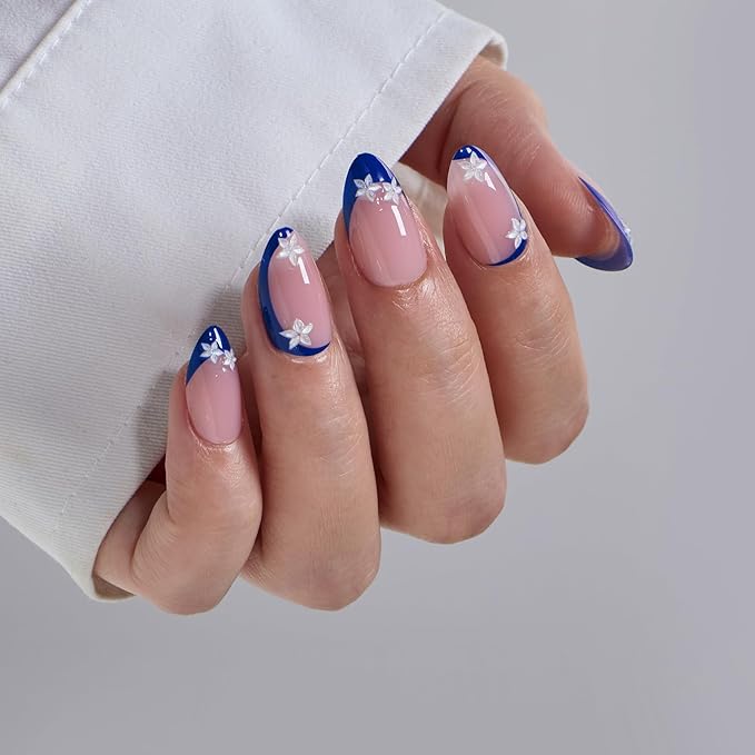 BTArtbox Press On Nails Short - Lamp-Curable Blue French Tip Almond Press On Nails with Glue for Women, Semi-Transparent Soft Gel Glue On Nails in 16 Sizes - 32 Stick On Nails Kit, Blue Blossom