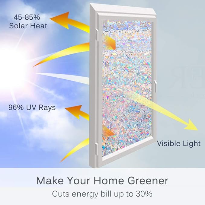 Volcanics Rainbow Window Film - Static Clings, 3D Decals & Stickers for Glass Doors, Heat Control & Anti UV, 35.4 x 98.4 Inches