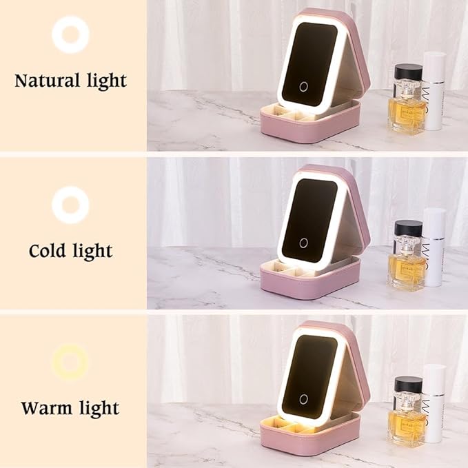 Custom Birth Flower Travel Makeup Bag With LED Mirror Leather Personalized Name Makeup Organizer Portable Jewelry Organizer Case Birthday Christmas Gifts For Women Daughter Mother