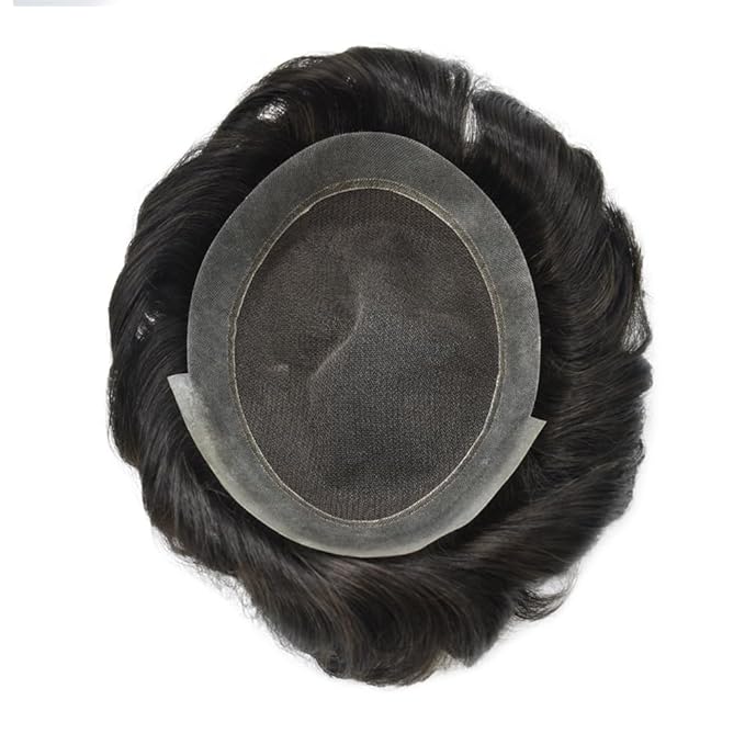 FACE MIRACLE Mens Toupee Lace Front Hairpieces Soft Human Hair Replacement System Natural Hairline Toupee for Men French Lace Poly V-Looped Mens hair Units 7"X10" 1#JET BLACK