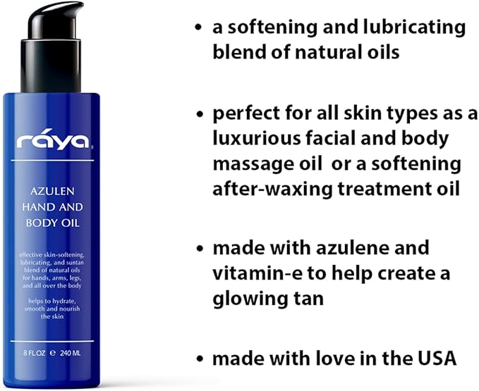 RAYA Azulen Hand and Body Oil 8 oz (451) | Softening and Natural Blend of Oils for Hands, Arms, Legs, and Body | Great as a Body Massage Oil | Great for All Skin