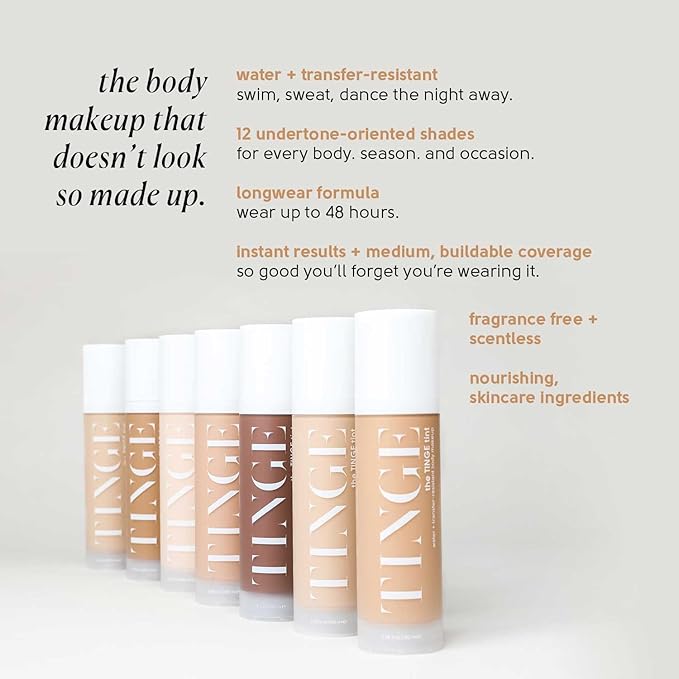 Tinge Tint Body Makeup, Water and Transfer Resistant Up to 48 Hours, Buildable Medium Coverage Body Foundation or Bronzer with Amino Acids, Tattoo Cover Up Makeup, 3.38 FL Oz - Medium Cool