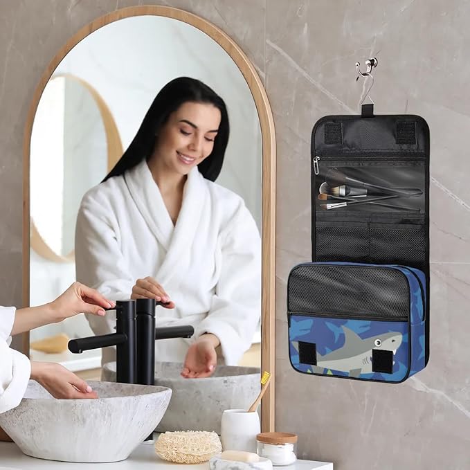 Funny Shark Hanging Travel Toiletry Kit Bag with Hook for Men and Boys, Ocean Animal Makeup Case Waterproof Cosmetic Bag Storage Bag Organizer for Accessories Toiletries