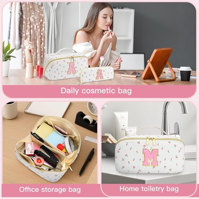 Personalized Travel Makeup Bag Set,Initial Travel Cute Cherry Makeup Organizer Bag,Toiletry Skincare Cosmetic Bag,Christmas Gifts for Women/Girls,Open Flat Toiletry Pouch with Brush Pocket-N