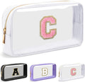 Personalized Initial Letter Clear Makeup Bag,Preppy Small Nylon&PVC Cosmetic Zipper Bag with Chenille Letter,Travel Skincare Toiletry Bag,Monogram Christmas Gift for Teen Girls Women,C