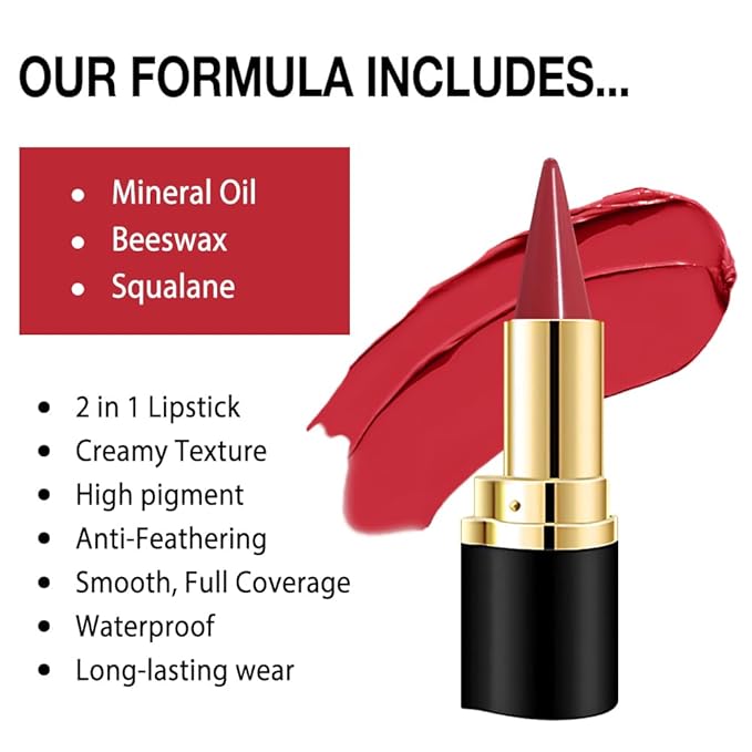 Kaely Ruby Red Gradient Matte Lipstick Lip Liner Pencil for Women, 2in1 Flawless Contour Gradual Ombre Effect Lip Pencil Makeup Waterproof, labiales mate 24 horas originales, 01
