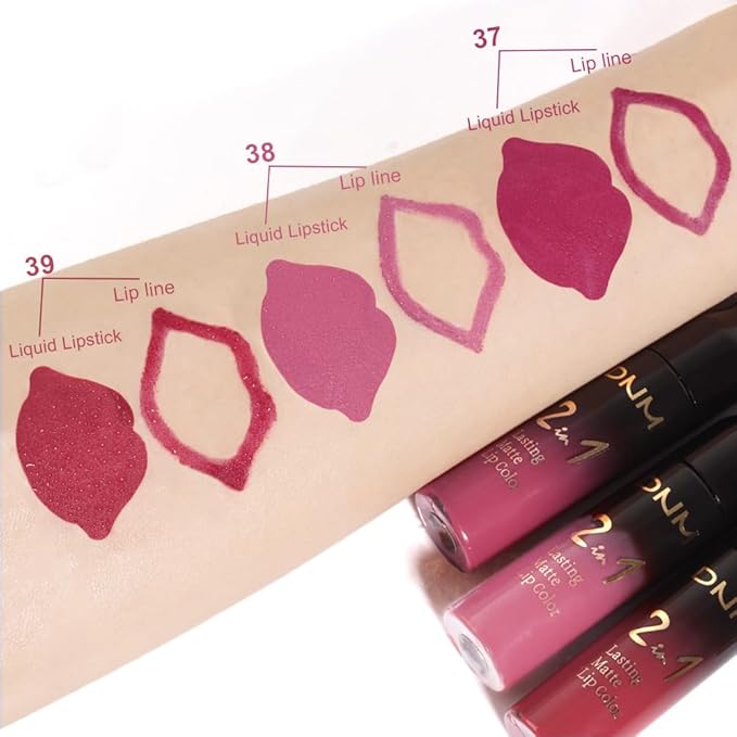 3Pcs 2 in 1 Rose Red Plum Warm Pink Deep Cranberry Lip Liner and Liquid Lipstick Stain Makeup Set for women, Long Lasting Smudge Proof Lip Tint Matte Finish Lip Gloss for All-Day Color Hold , Set14
